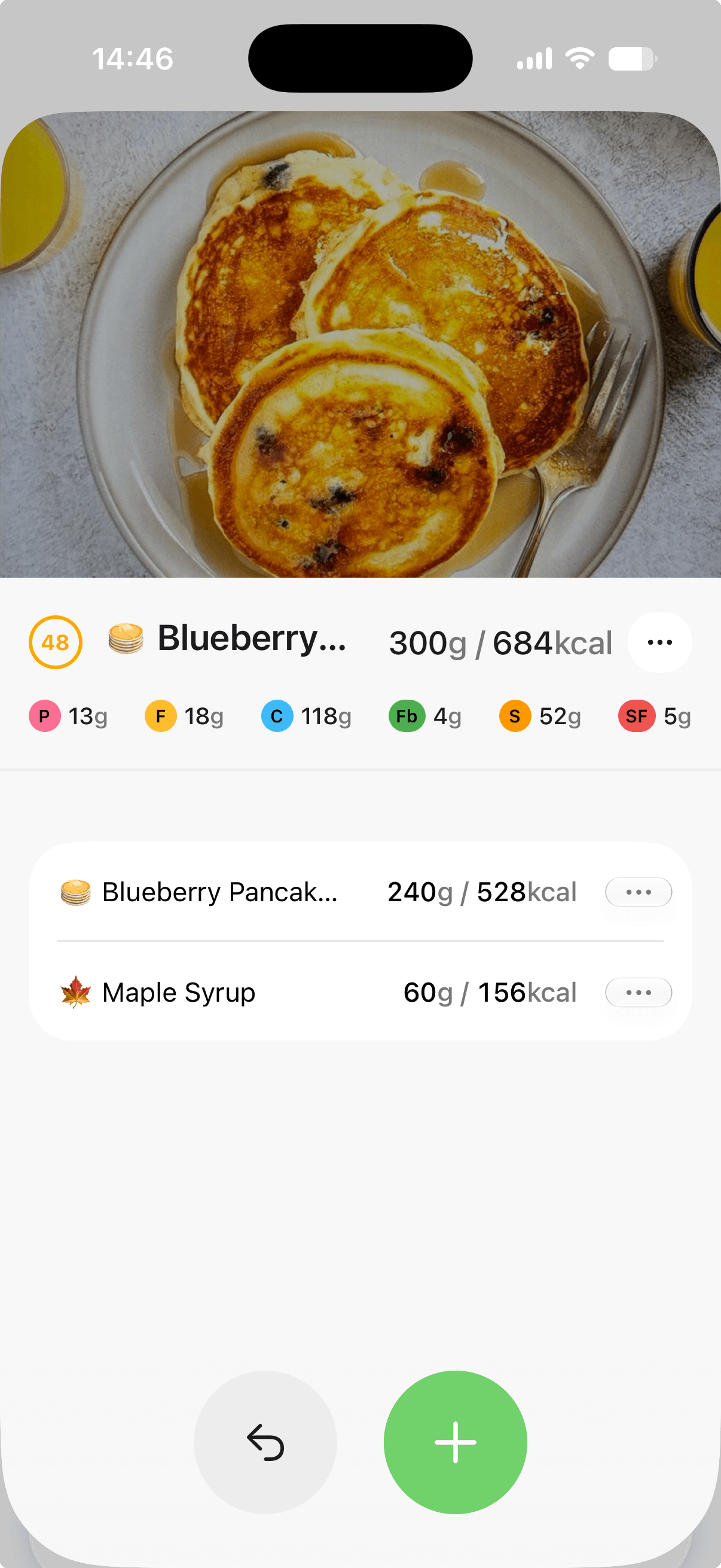 Food Focus meal analysis showing ingredients, calories, macros, and an editable nutrition summary
